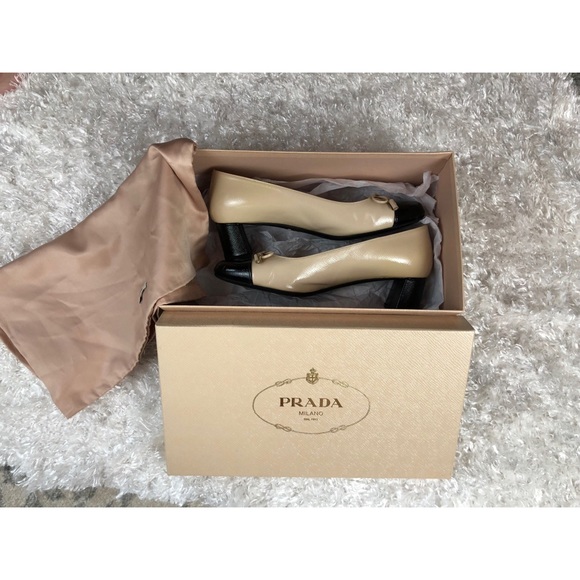 Prada Vernice Nude Saffiano Block Heel Pumps - Picture 7 of 8